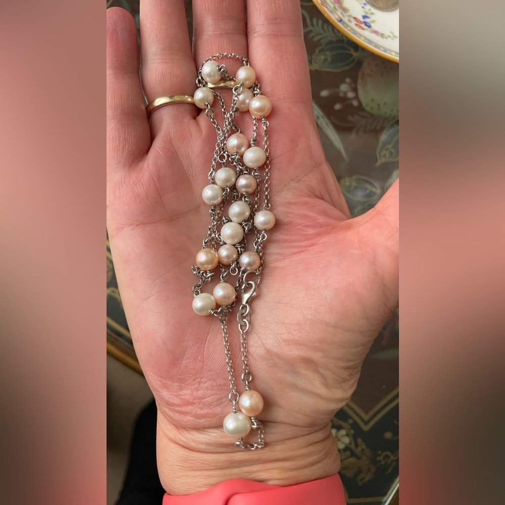 Vintage Elegant 925 Sterling Silver 20 Stationed Freshwater Pearl Chain Necklace